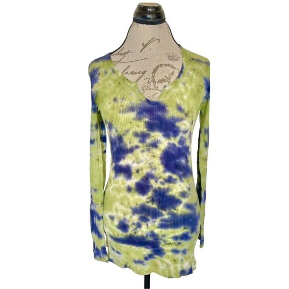 Allen Allen Blouse Tie Dye Long Sleeve  Ribbed V Neckline Green Hipster Sz XS